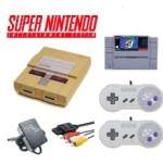 Yellowed Super Nintendo console bundle with Super Mario World, 2 controllers, AV cable, and adapter
